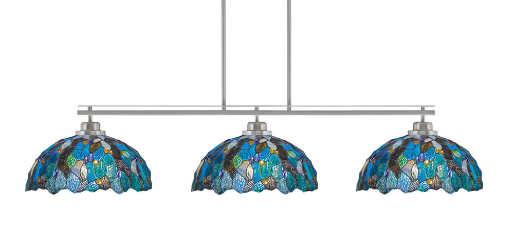 Odyssey 3 Light Bar, Round Fitter, Brushed Nickel Finish, 16" Blue Mosaic Art Glass