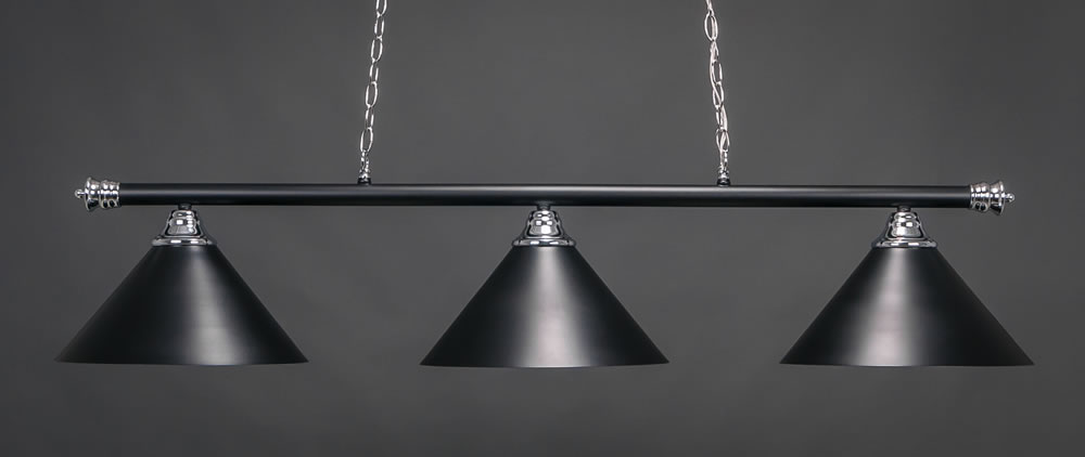 Oxford 3 Light Bar Shown In Chrome & Matte Black Finish With 14 Matte Black Cone Metal Shades