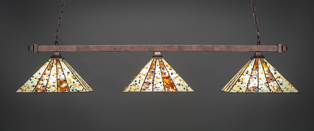 Square 3 Light Bar With Square Fitters Shown In Bronze Finish With 14" Fiesta Art Glass